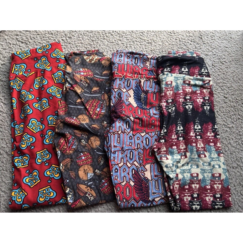 Lot Of 4 LuLaRoe OS Ultra Soft Leggings Crown,Pies,Patriotic, Rock N Roll S-XL